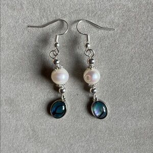 Real Freshwater Cultured Pearls and Abalone Pendant Earrings